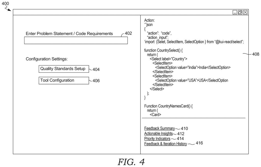 User interface displaying code requirements, configurable quality settings, generated program output, and feedback summaries. Drawing from patent filing US 2026/0252317 A1.