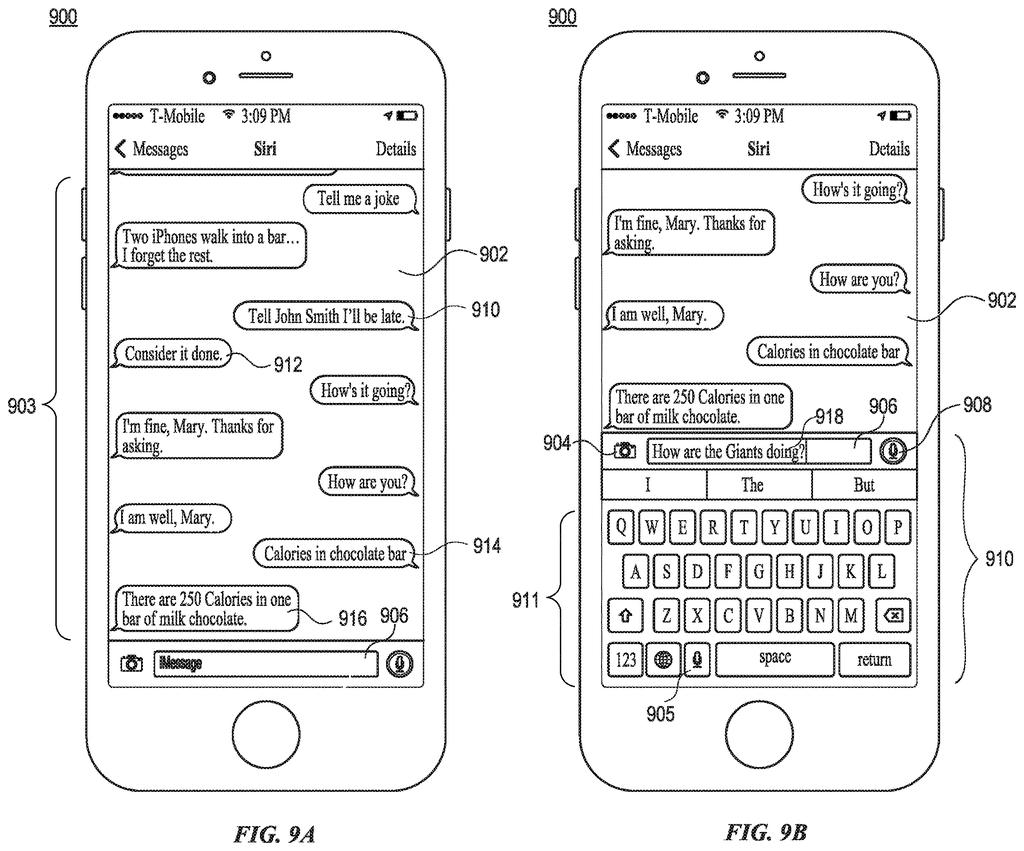A smartphone displaying a messaging interface with text conversations between a user and Siri. Drawing from patent filing US 2026/0252370 A1.