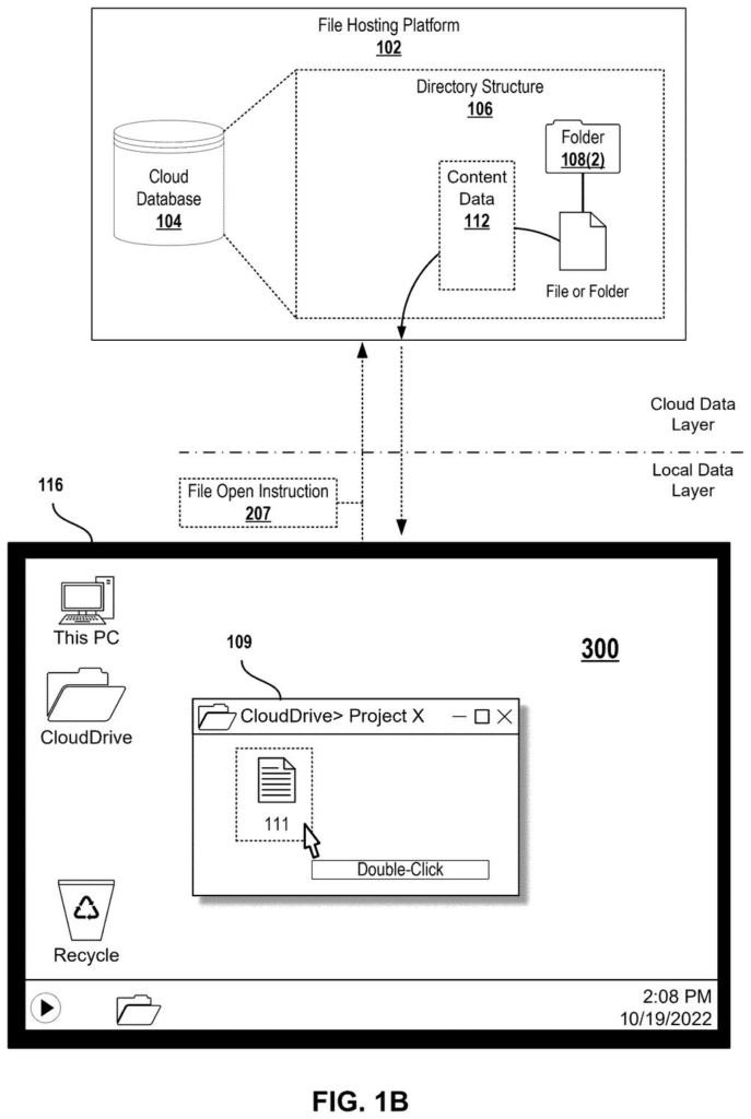 Desktop interface displaying a temporary cloud folder being opened by a user. Drawing from patent filing US 2026/0252534 A1.
