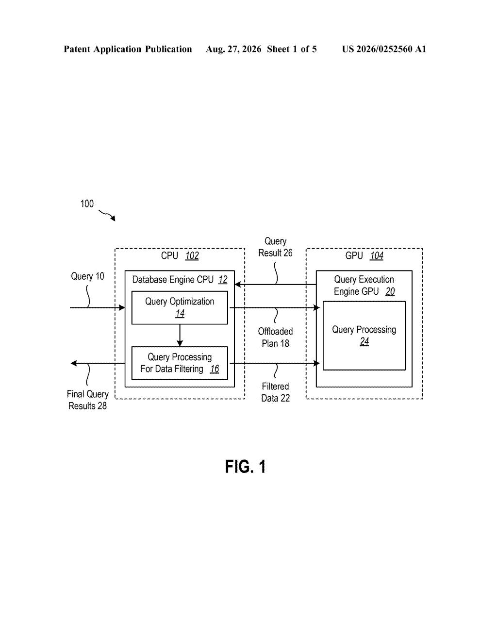 System architecture routing database queries and filtered data between a central processor and a graphics processor. Drawing from patent filing US 2026/0252560 A1.