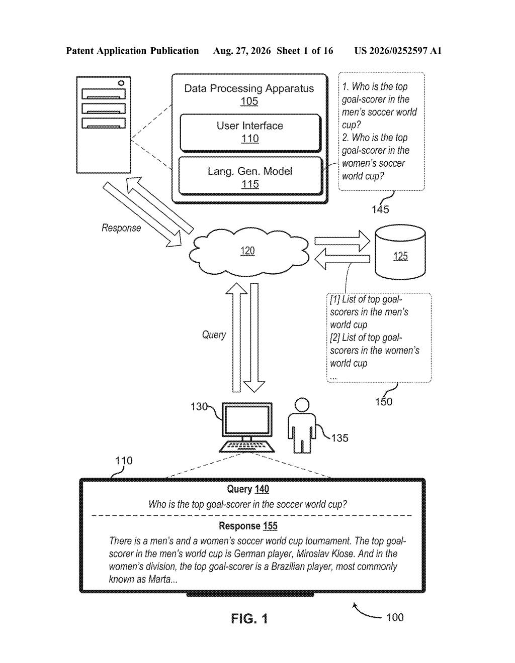 System overview of an AI search assistant handling an ambiguous query by retrieving multiple targeted documents. Drawing from patent filing US 2026/0252597 A1.