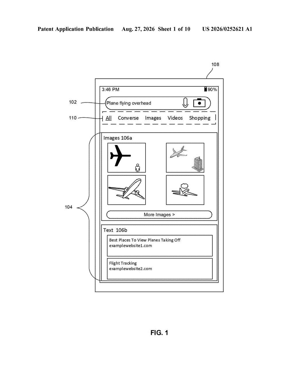 Mobile device screen displaying image and text search results for an overhead airplane query. Drawing from patent filing US 2026/0252621 A1.