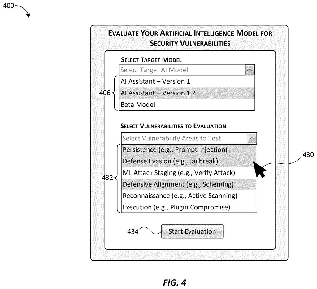 Software interface menu for selecting an artificial intelligence model and vulnerability areas to test. Drawing from patent filing US 2026/0252702 A1.
