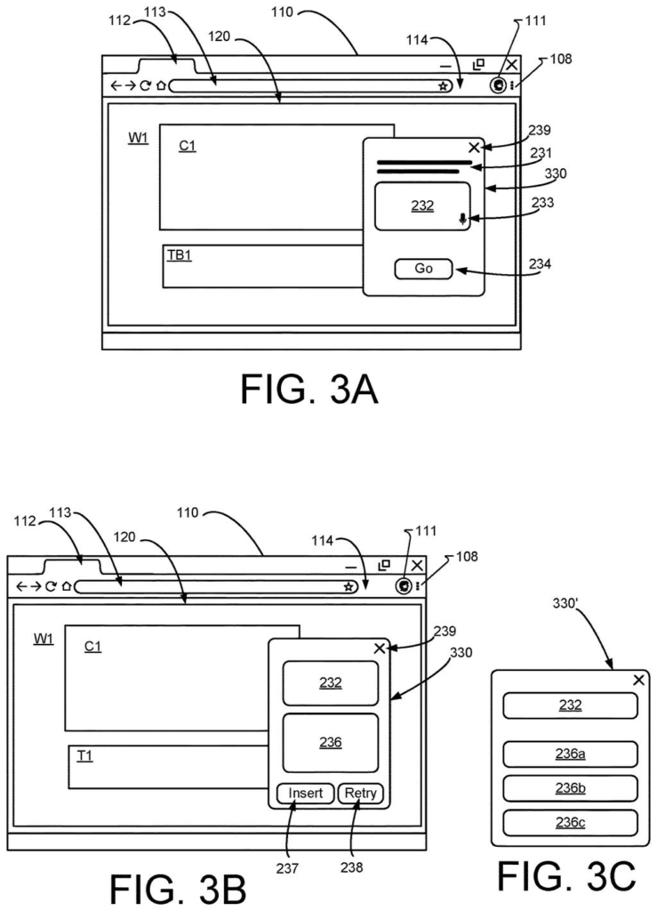 A browser-based AI assistant window overlays a webpage to help users draft and insert text responses. Drawing from patent filing US 2026/0252790 A1.