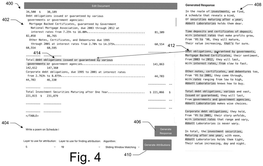 An interactive software interface displaying a financial document alongside an AI-generated poem with highlighted attribution links connecting the text. Drawing from patent filing US 2026/0252791 A1.