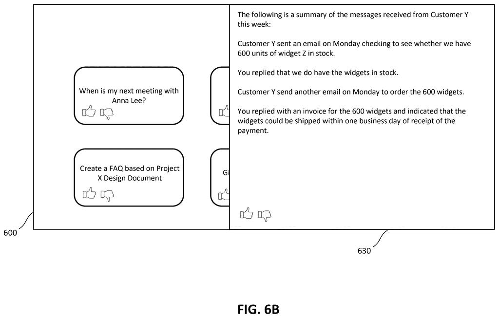 An interactive application interface expanding to display a generated email summary next to prompt options. Drawing from patent filing US 2026/0252792 A1.