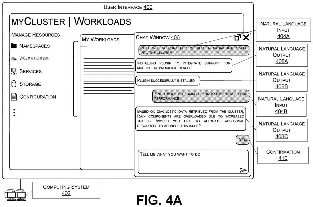 User interface displaying chat windows for natural language network management commands. Drawing from patent filing US 2026/0252818 A1.