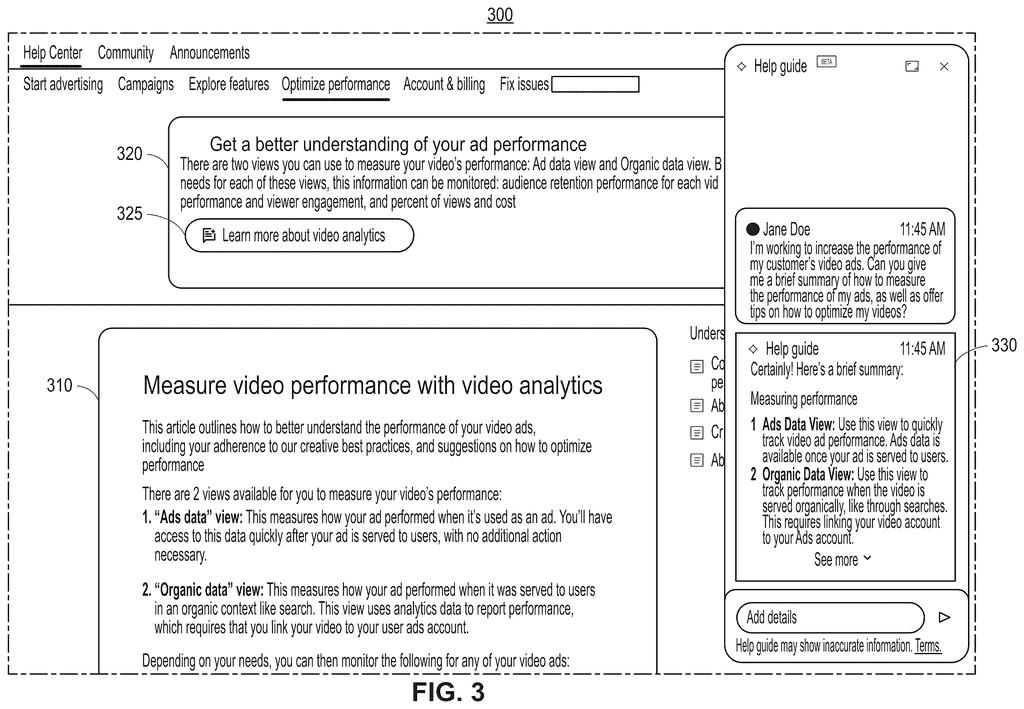 A computer screen showing a help interface alongside a virtual assistant dialogue answering user queries. Drawing from patent filing US 2026/0252859 A1.