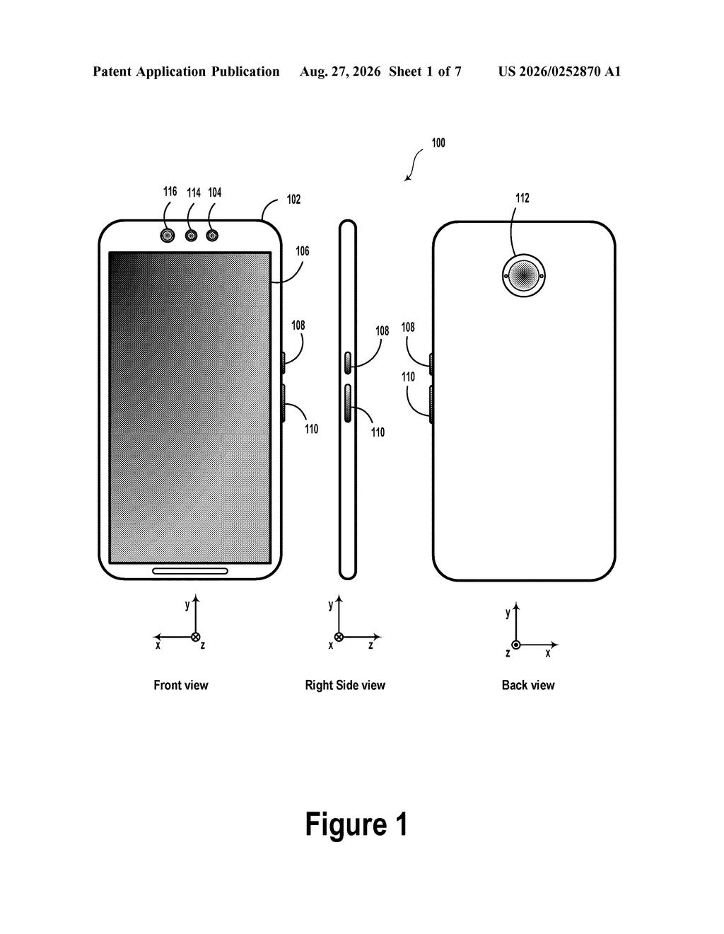 Front, side, and back views of a smartphone equipped with cameras and physical control buttons. Drawing from patent filing US 2026/0252870 A1.