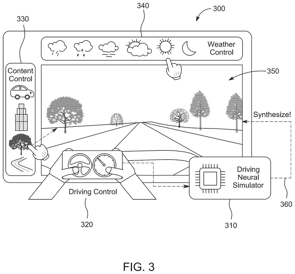 An interactive driving simulator interface allowing users to modify weather and scenery in real-time. Drawing from patent filing US 2026/0252876 A1.