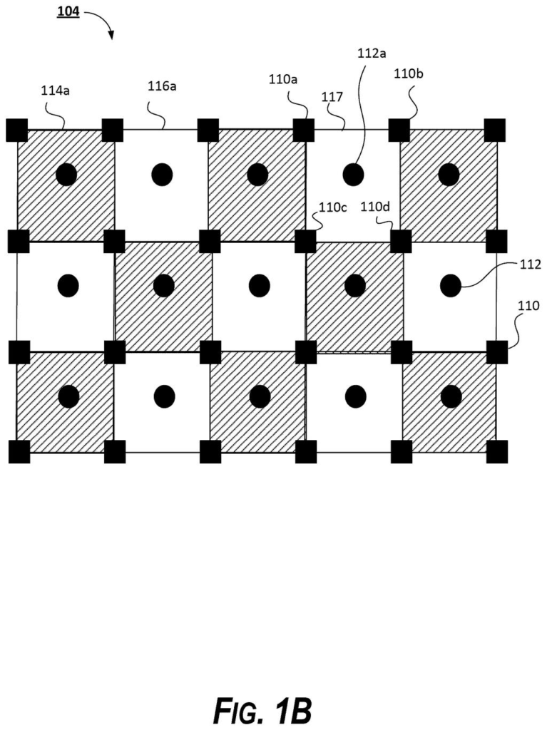 Grid layout of quantum computing qubits and measurement regions for error correction. Drawing from patent filing US 2026/0252941 A1.