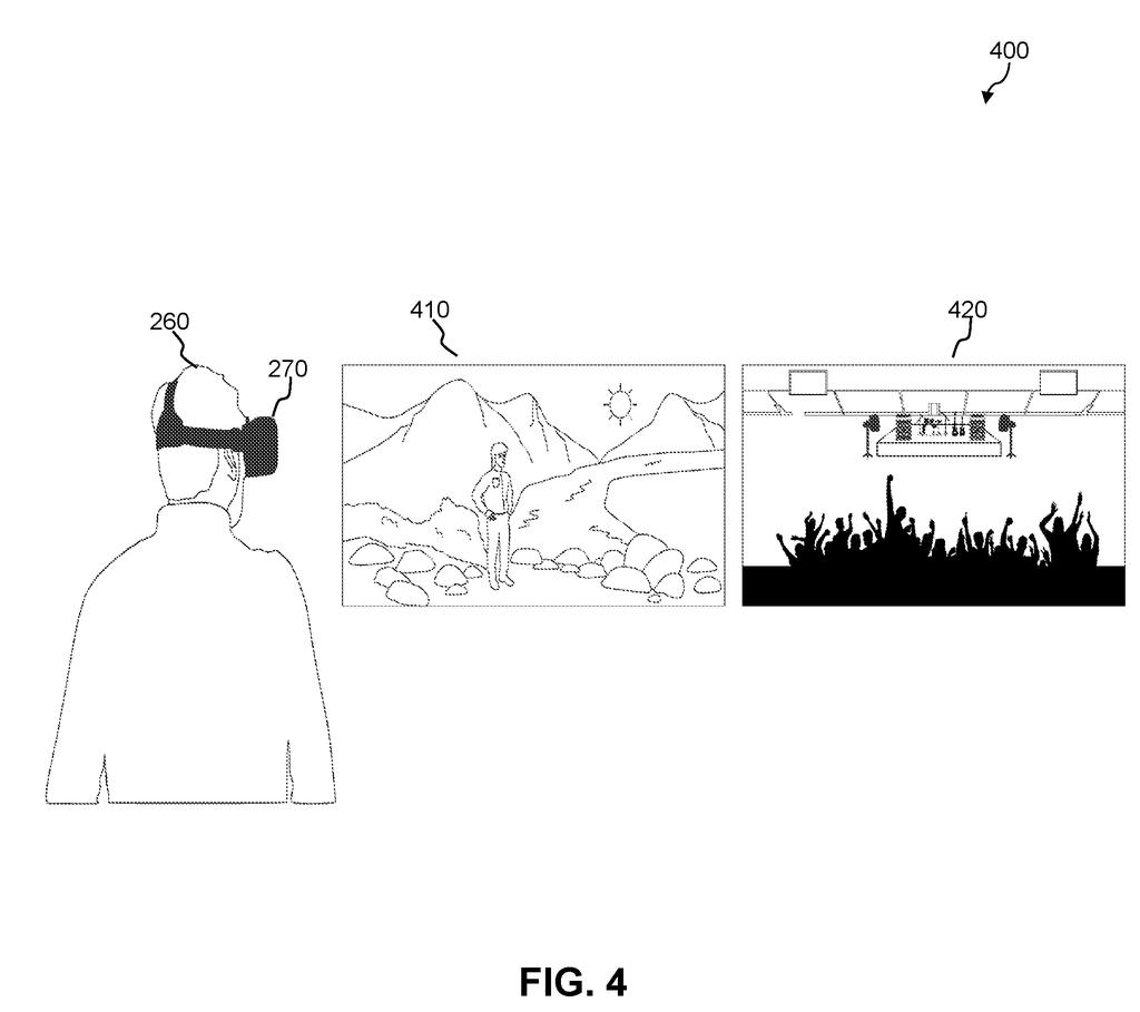 A person wearing a virtual reality headset experiences different digital environments, such as a mountain landscape or a crowded concert venue. Drawing from patent filing US 2026/0253046 A1.