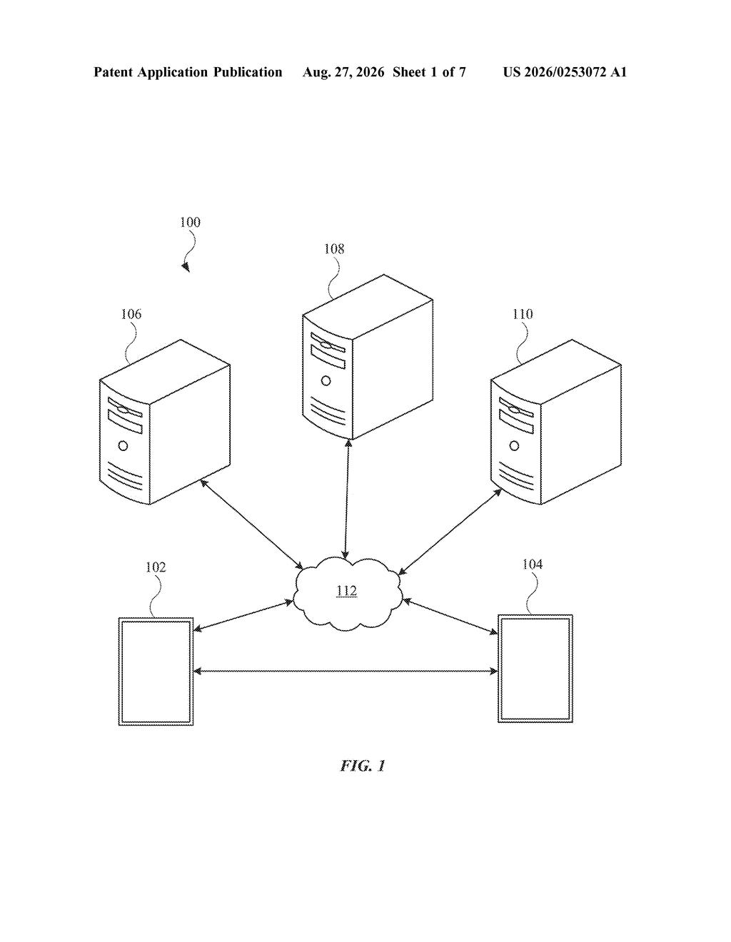 Two mobile devices connect through a network to servers to authorize a payment transaction between friends. Drawing from patent filing US 2026/0253072 A1.