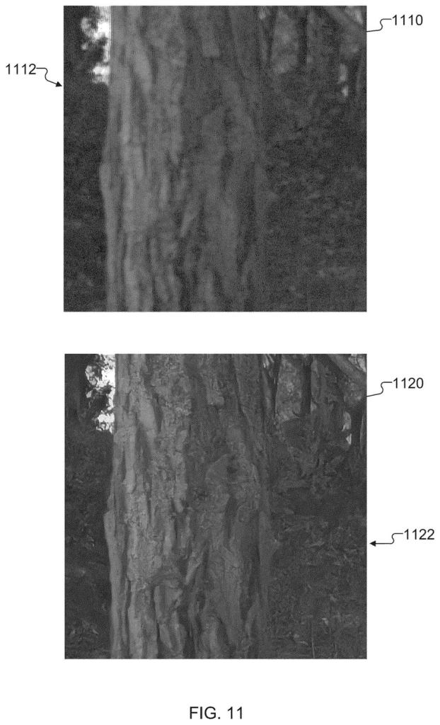 Side-by-side comparison of a noisy low-resolution tree image and its enhanced high-resolution version. Drawing from patent filing US 2026/0253237 A1.
