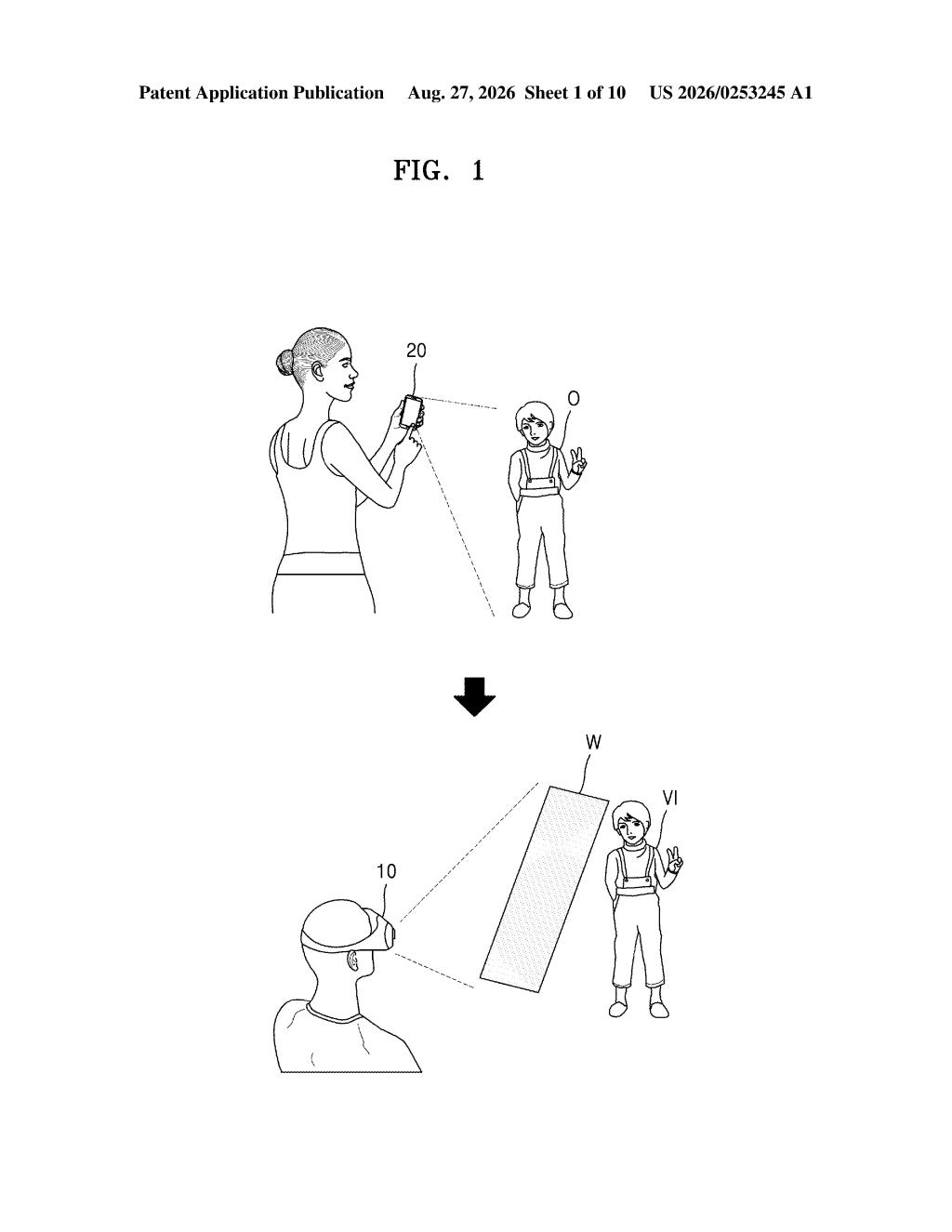 A person captures a scene with a phone, which is then displayed as a virtual window for a user wearing an augmented reality headset. Drawing from patent filing US 2026/0253245 A1.