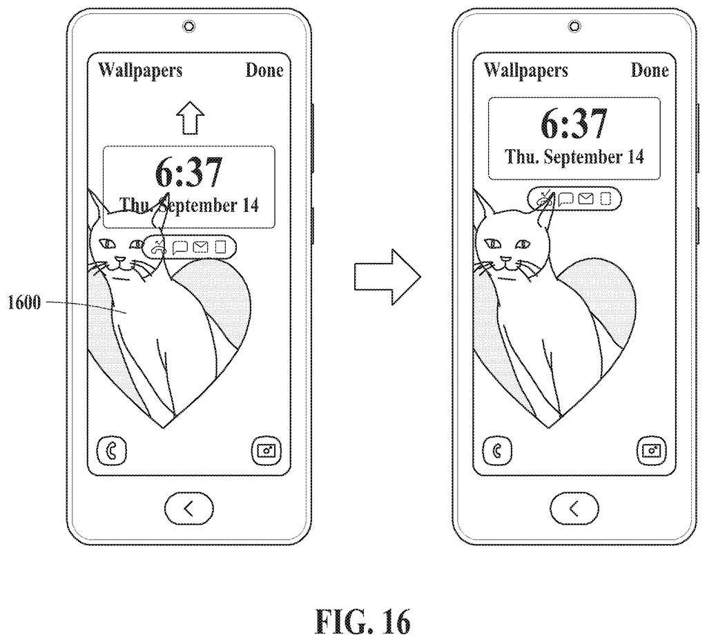 Smartphone interface layering a cat subject behind a clock element to create a depth-effect wallpaper. Drawing from patent filing US 2026/0253289 A1.