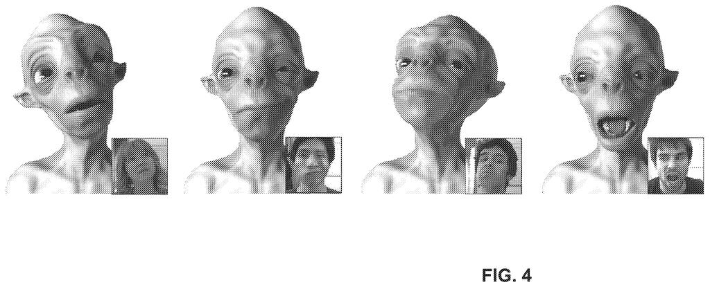 A rendered virtual character mimicking human facial expressions and movements captured in real time. Drawing from patent filing US 2026/0253301 A1.