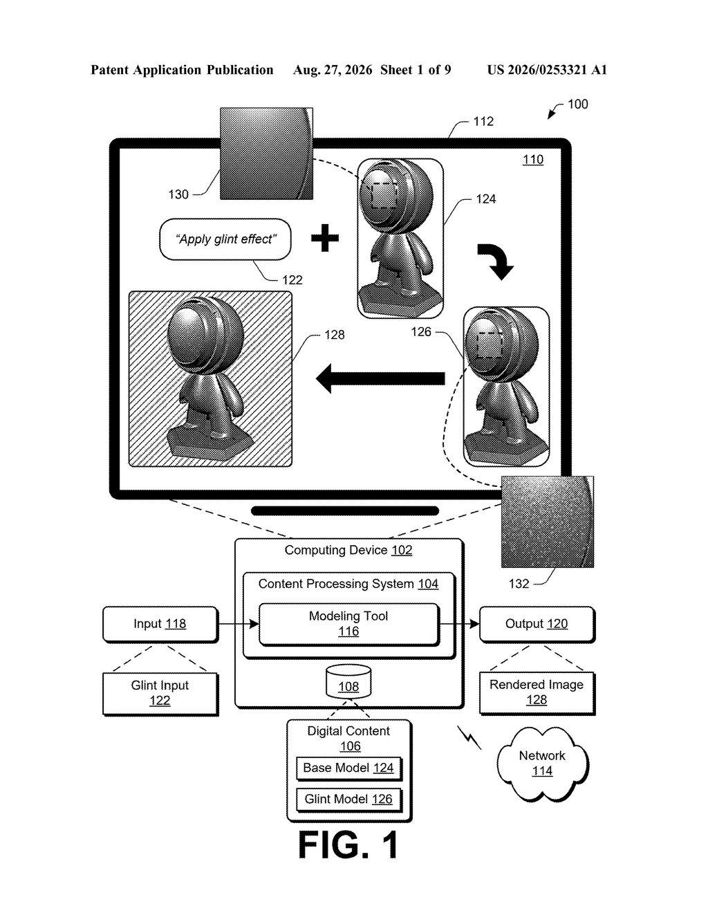 A digital modeling interface applying a sparkling glint effect to a 3D character model to create a realistic, reflective surface finish. Drawing from patent filing US 2026/0253321 A1.