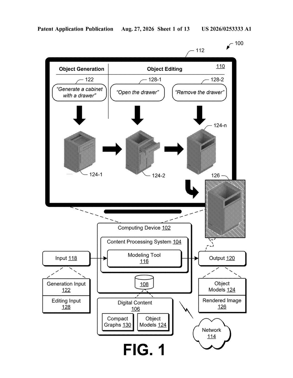 An interactive workspace screen showing sequential text-based generation and editing of a cabinet 3D model. Drawing from patent filing US 2026/0253333 A1.