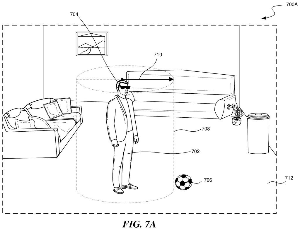 A person wearing a virtual reality headset stands inside an automatically generated safety boundary within a living room. Drawing from patent filing US 2026/0253343 A1.