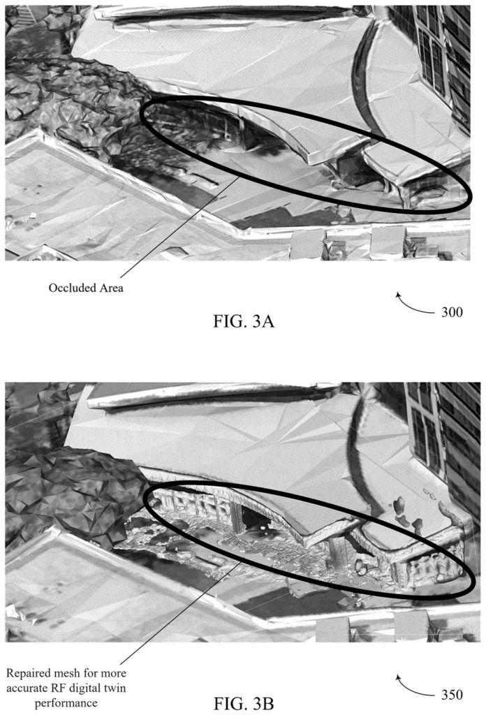 Enhanced 3D mesh detail showing a repaired structural area for improved wireless coverage mapping. Drawing from patent filing US 2026/0253352 A1.