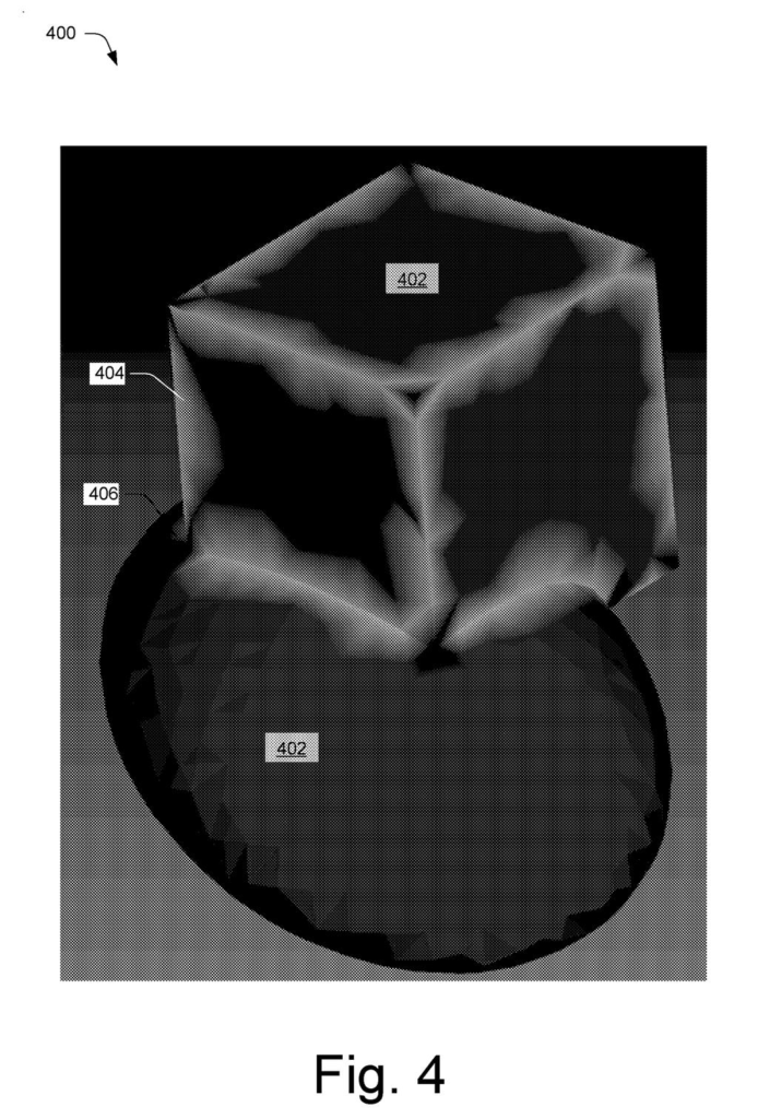 Three-dimensional digital mesh rendering of an object in a virtual modeling environment. Drawing from patent filing US 2026/0253358 A1.