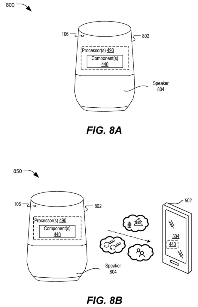 A smart speaker housing the video-processing components alongside a companion mobile device receiving data. Drawing from patent filing US 2026/0253407 A1.