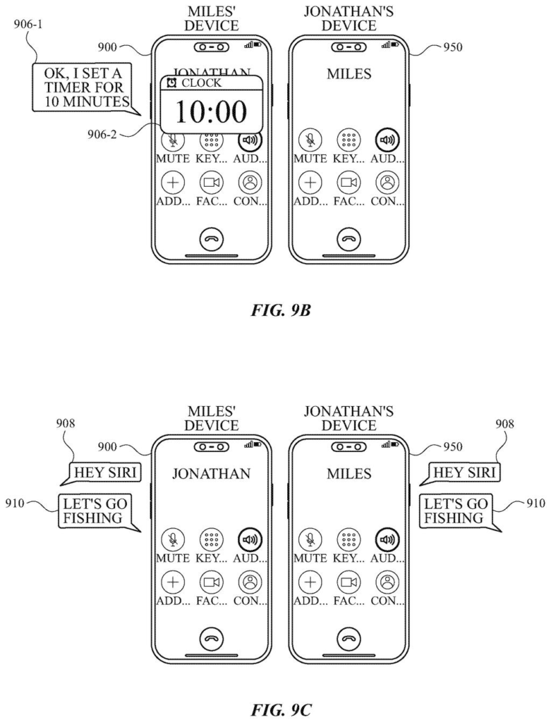 Two smartphones side-by-side during an active phone call processing voice commands. Drawing from patent filing US 2026/0253588 A1.