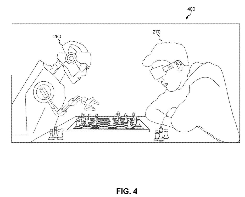 A human user wearing a VR headset playing chess against an automated robot avatar in a virtual environment. Drawing from patent filing US 2026/0254851 A1.