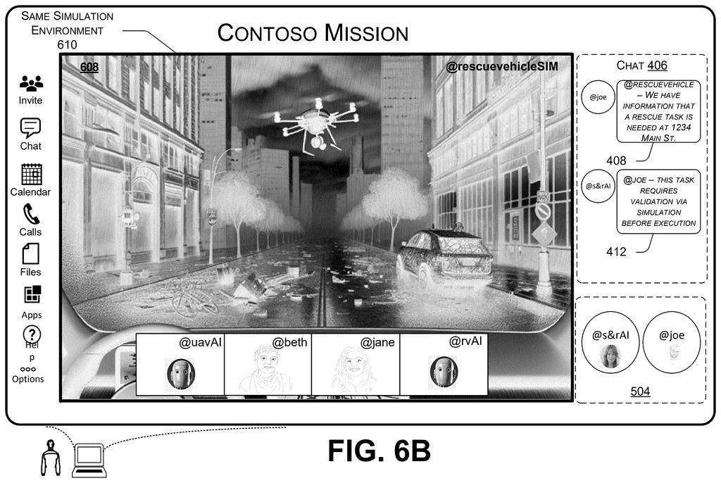 A simulated urban environment displays a drone and a vehicle performing a rescue mission before the real-world execution. Drawing from patent filing US 2026/0254864 A1.