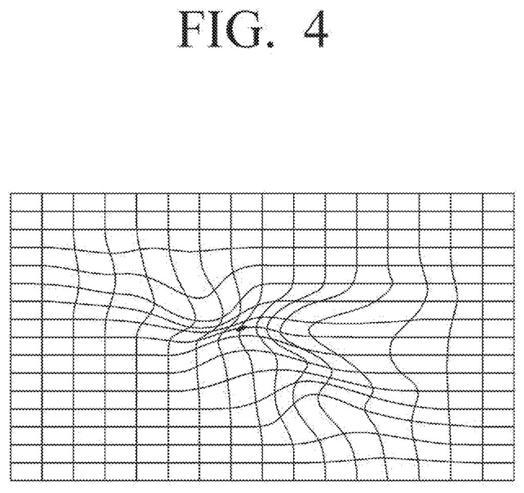 Distorted grid pattern projected onto an irregular or uneven surface. Drawing from patent filing US 2026/0254932 A1.