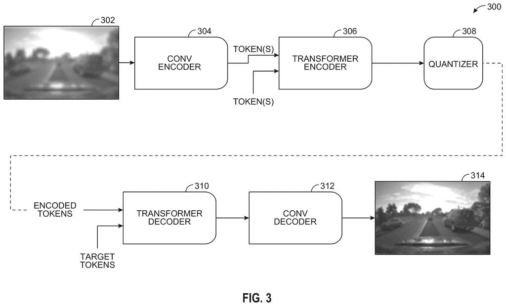 A camera-based AI system processes road footage through neural networks to interpret depth and objects for autonomous vehicle navigation. Drawing from patent filing US 2026/0254976 A1.