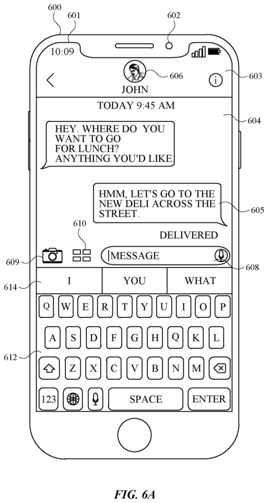 Smartphone displaying a messaging conversation with a keyboard and camera icon. Drawing from patent filing US 2026/0255047 A1.