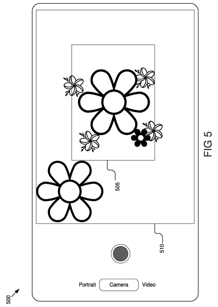 Mobile device screen displaying a camera viewfinder interface with composition guide frames. Drawing from patent filing US 2026/0255053 A1.