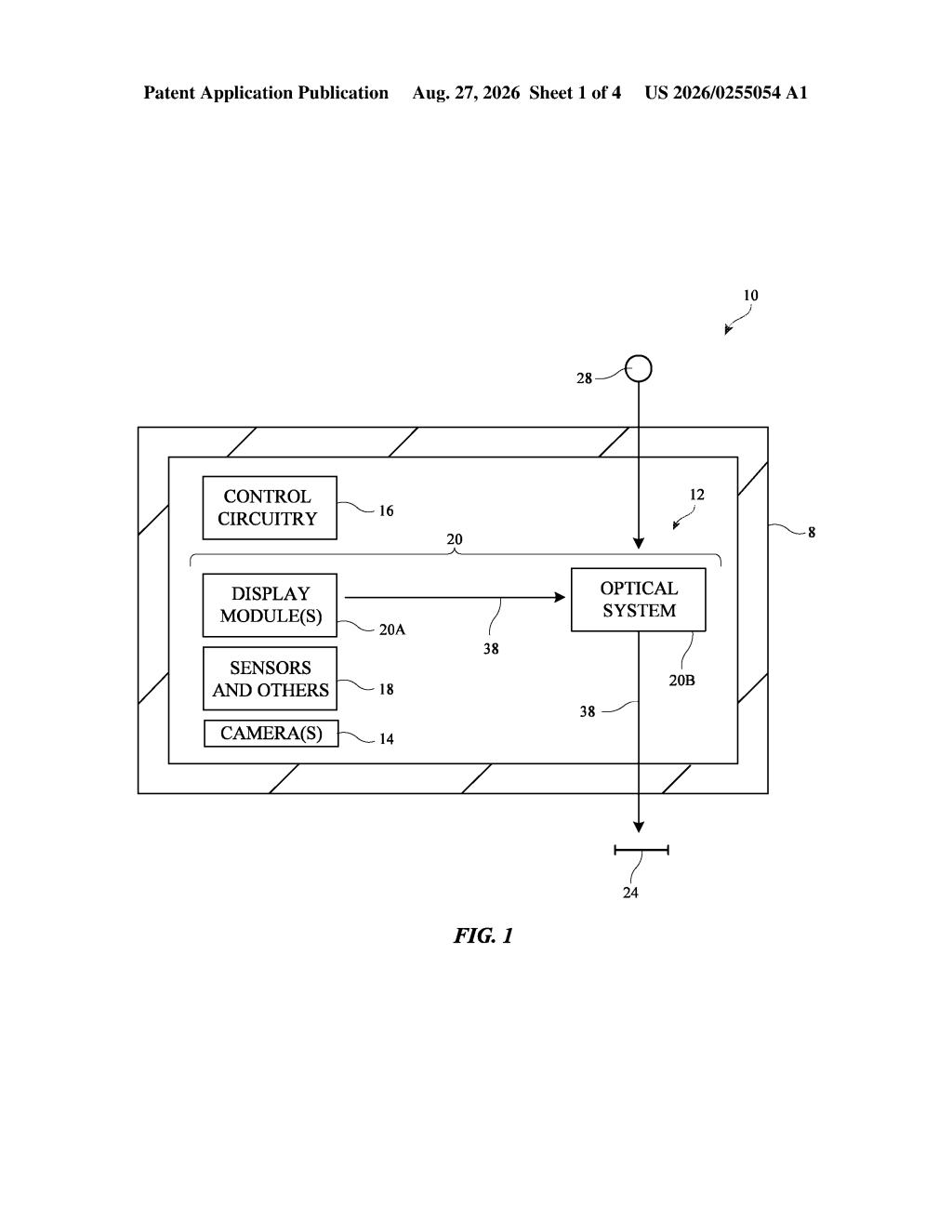 The headset internal hardware layout, featuring the optical system, camera, and sensors housed within the device frame. Drawing from patent filing US 2026/0255054 A1.