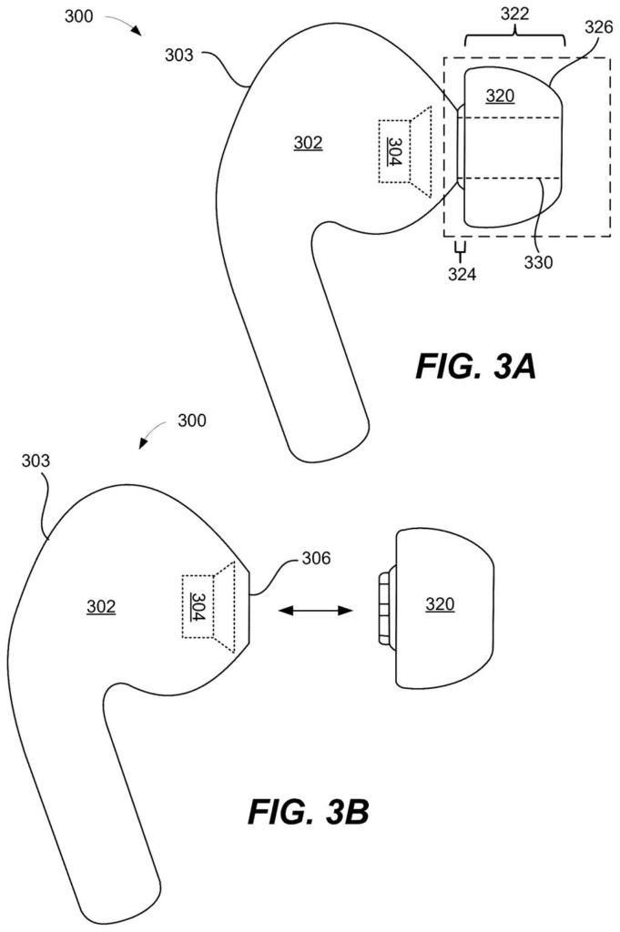 Detachable foam-filled eartip aligning with and connecting to a wireless earbud. Drawing from patent filing US 2026/0255095 A1.