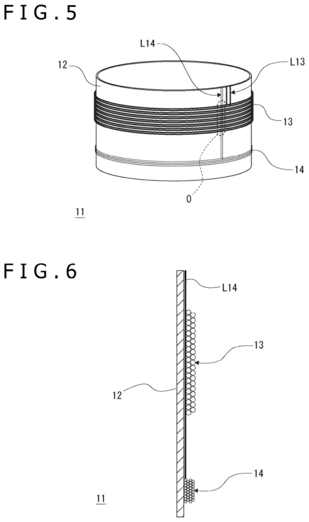 Cross-section of the speaker driver showing the internal arrangement of the dual-coil system and magnetic assembly. Drawing from patent filing US 2026/0255116 A1.
