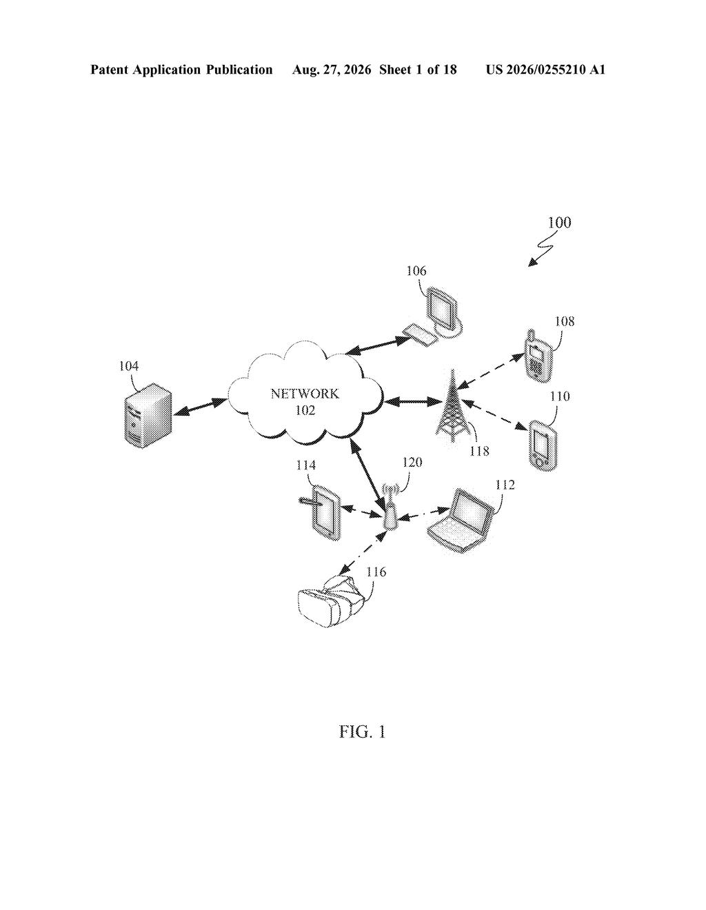 Network architecture connecting various consumer devices to servers and cellular towers. Drawing from patent filing US 2026/0255210 A1.