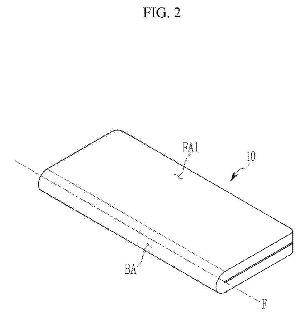 A foldable electronic device in its closed, compact position, highlighting the hinge area where the screen bends. Drawing from patent filing US 2026/0255506 A1.