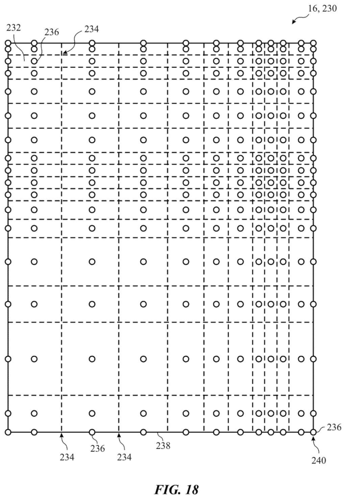 A grid of individual LEDs behind a display panel, showing different groupings for control. Drawing from patent filing US 2026/0253561 A1.