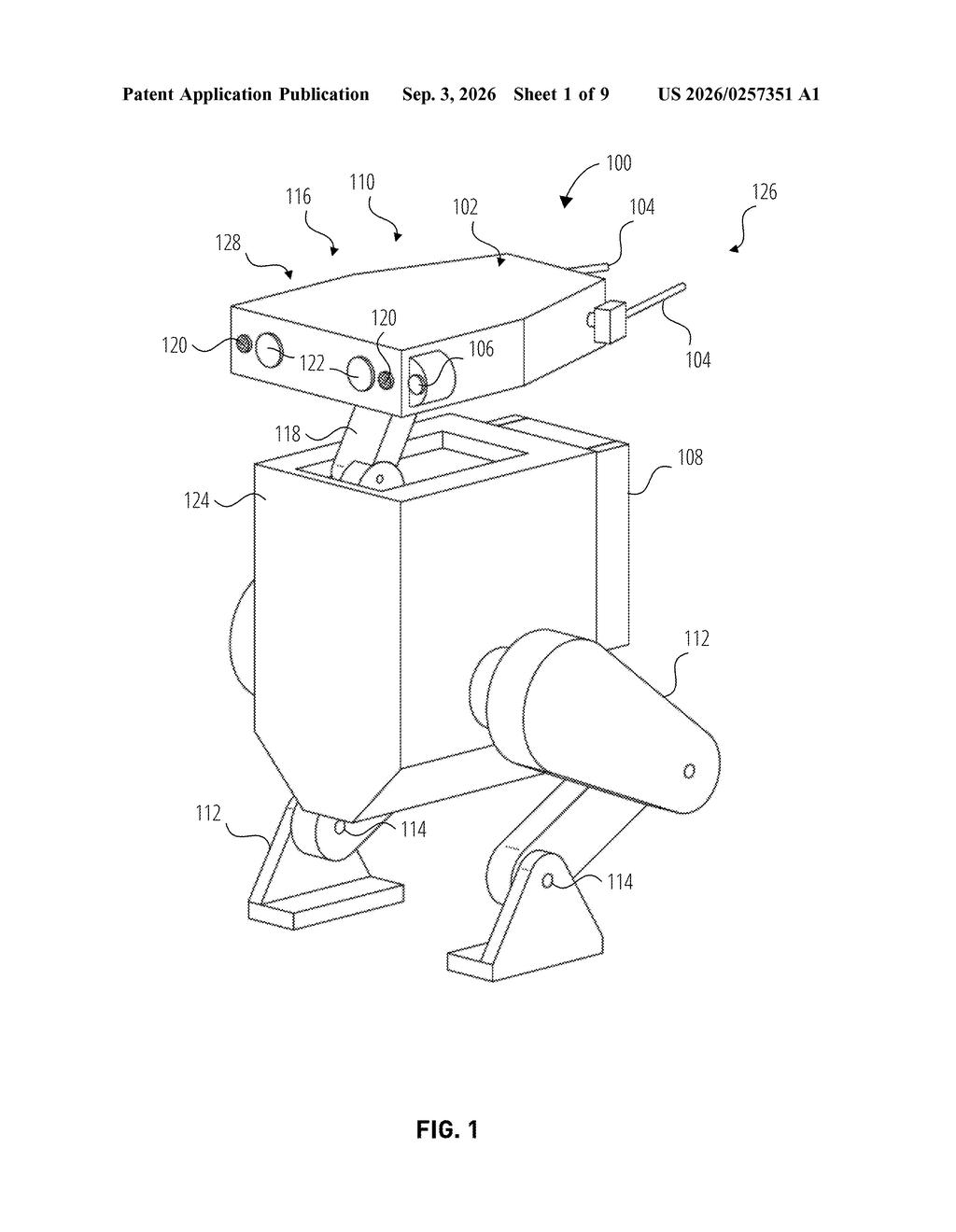 A robotic device with a movable head and articulated legs, designed for autonomous movement. Drawing from patent filing US 2026/0257351 A1.