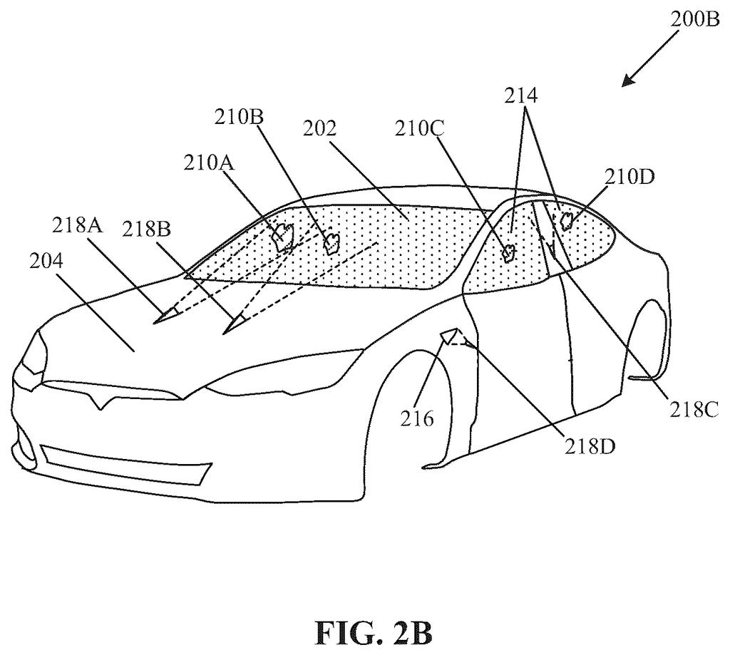 A car with laser beams targeting debris on its windshield and side windows for cleaning. Drawing from patent filing US 2026/0257648 A1.