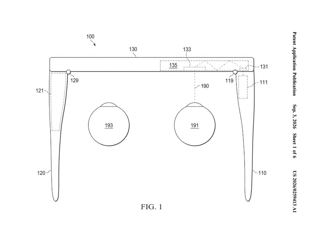 An augmented reality headset with light guides and display components. Drawing from patent filing US 2026/0259413 A1.