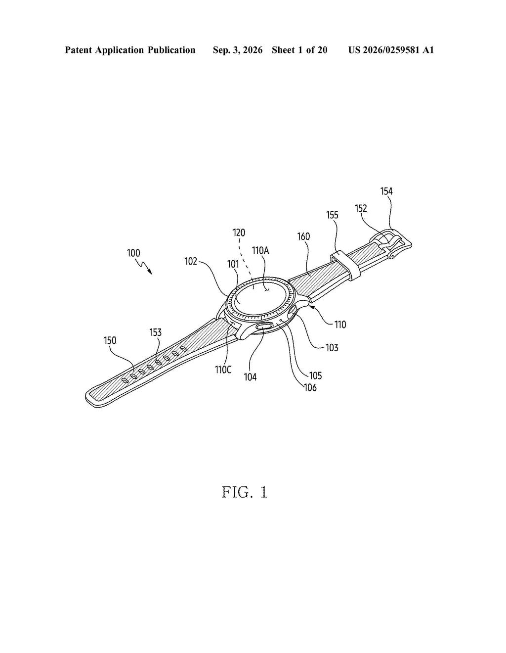 A smartwatch with a circular display and a strap, showing various external components and buttons. Drawing from patent filing US 2026/0259581 A1.