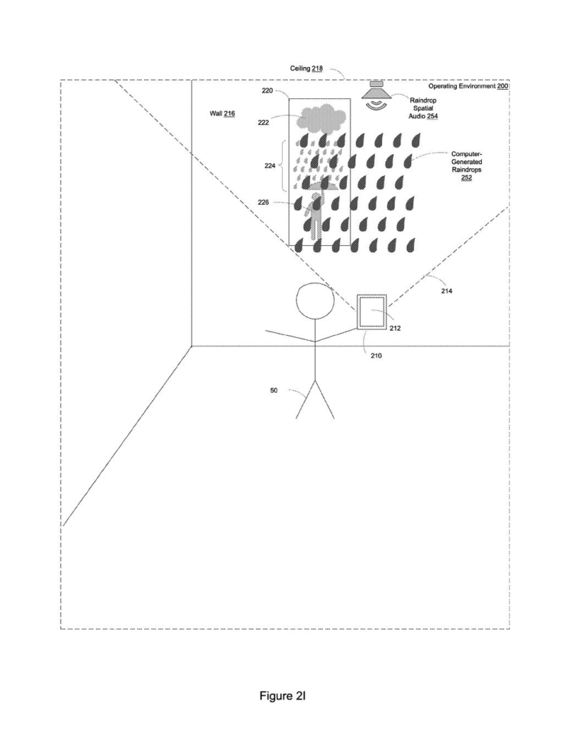 A person interacts with a device projecting computer-generated raindrops and playing rain sound effects within a room. Drawing from patent filing US 2026/0259602 A1.