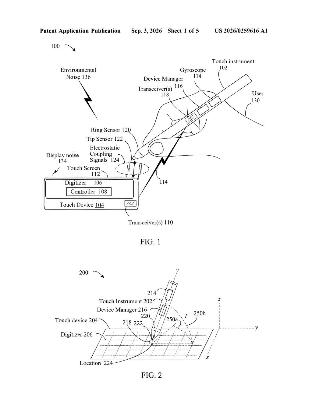 A person holds a stylus, which communicates with a touch device to track its position and tilt, even in noisy environments. Drawing from patent filing US 2026/0259616 A1.