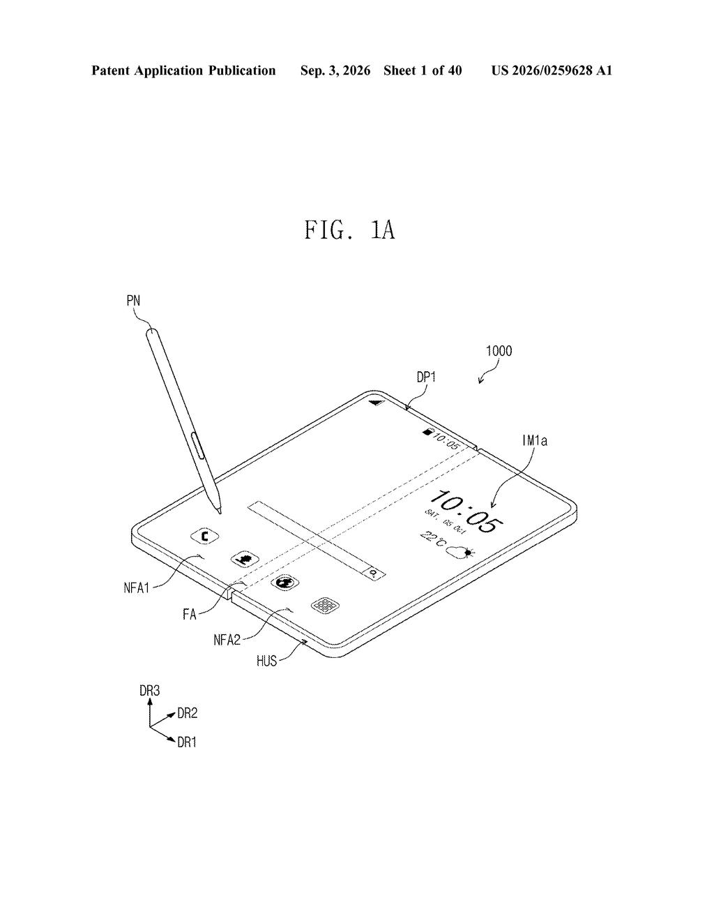 A foldable display device with a stylus, showing the display area and physical buttons. Drawing from patent filing US 2026/0259628 A1.
