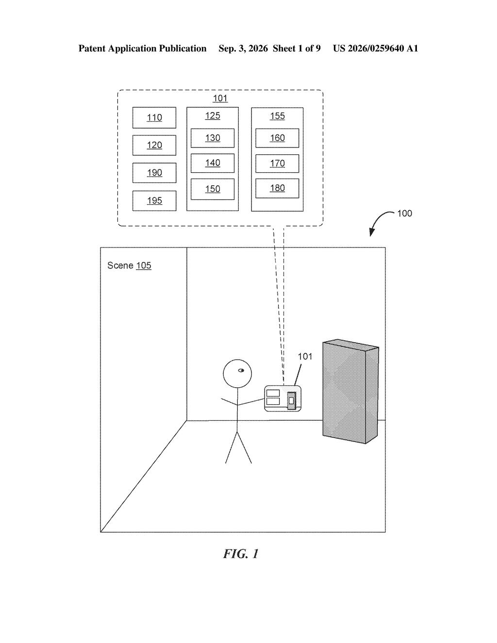 A person interacts with an augmented reality system, where a controller displays virtual objects and information overlaid on the real environment. Drawing from patent filing US 2026/0259640 A1.