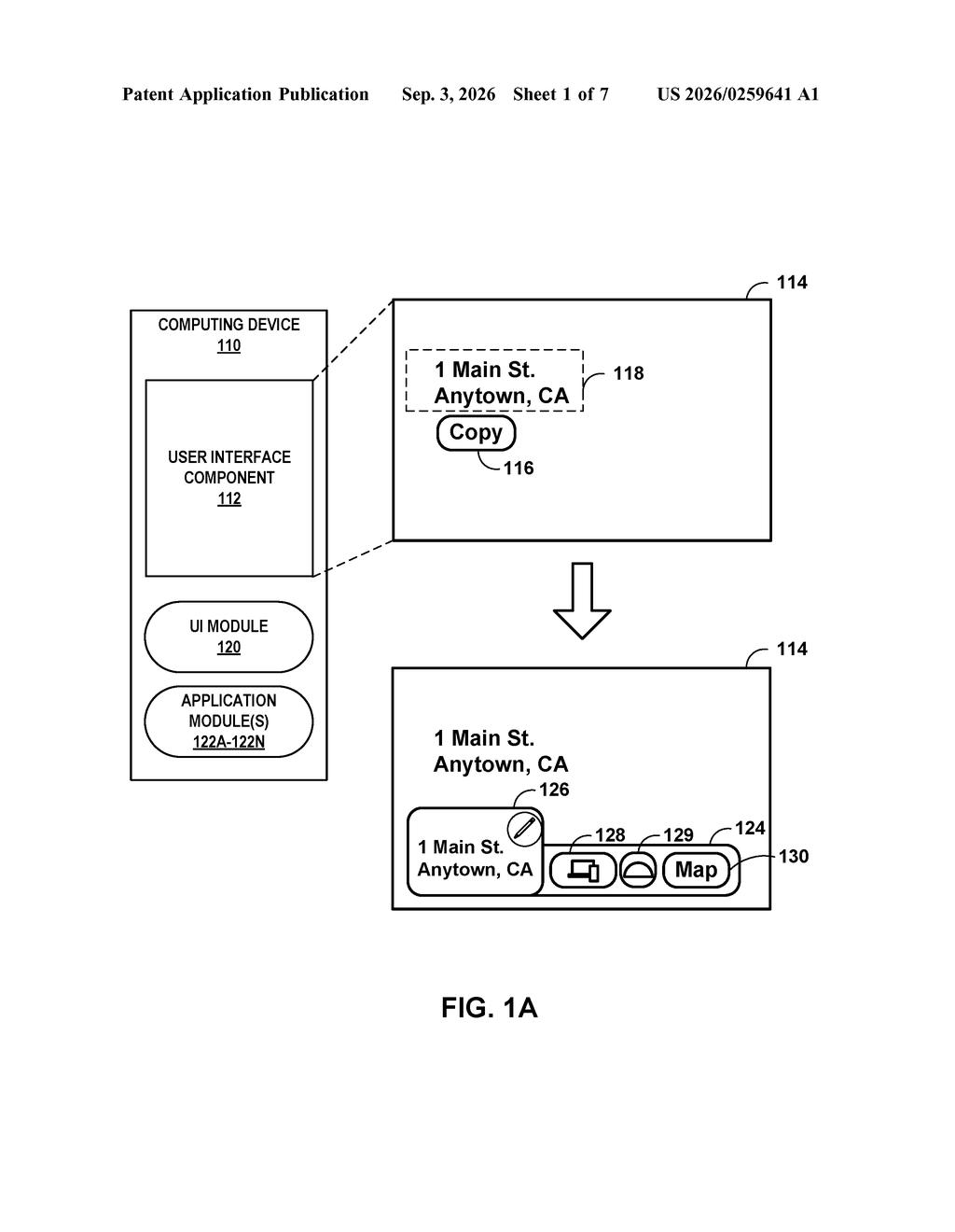 A computing device displays a copied address, then a menu appears suggesting actions like opening a map. Drawing from patent filing US 2026/0259641 A1.