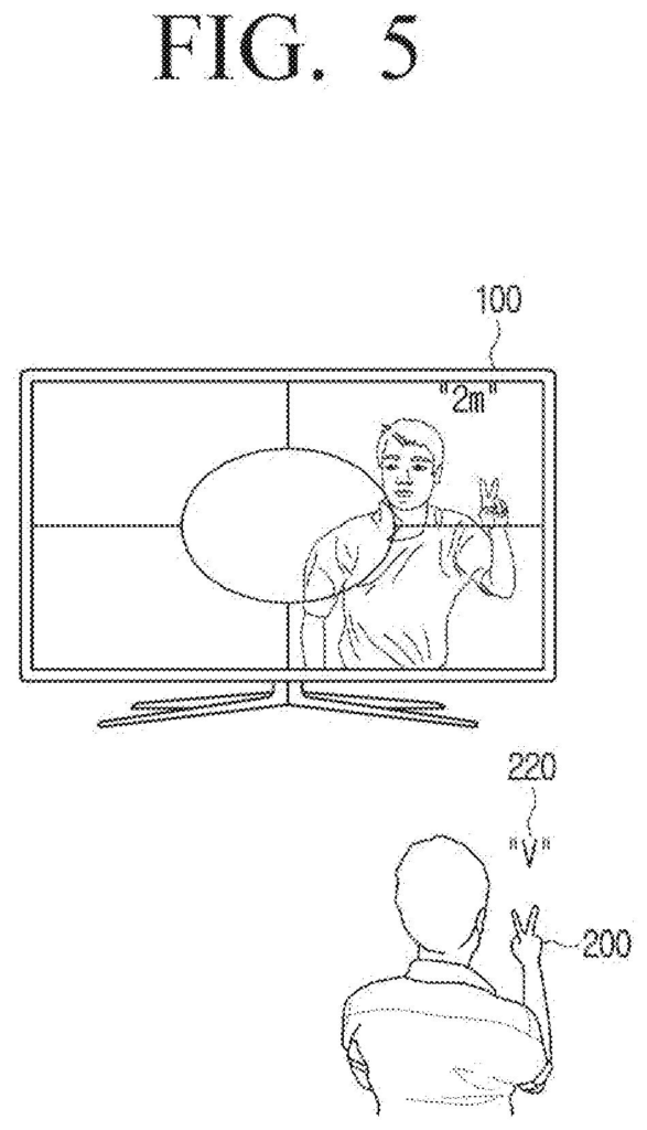 A person makes a "V" gesture towards a smart TV, with the gesture and distance recognized and displayed on screen. Drawing from patent filing US 2026/0259657 A1.
